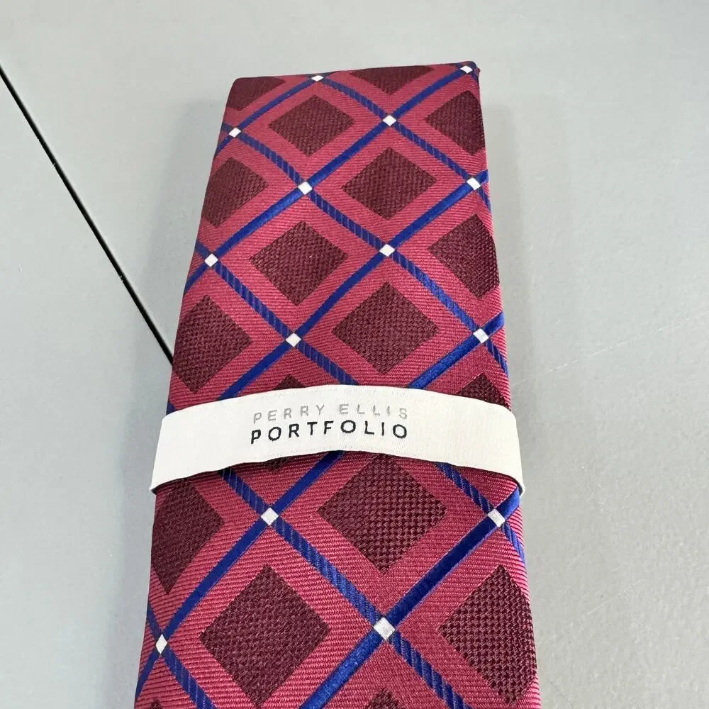 Perry‎ Ellis Portfolio Mens Necktie Hendry Grid Maroon Office Professional New